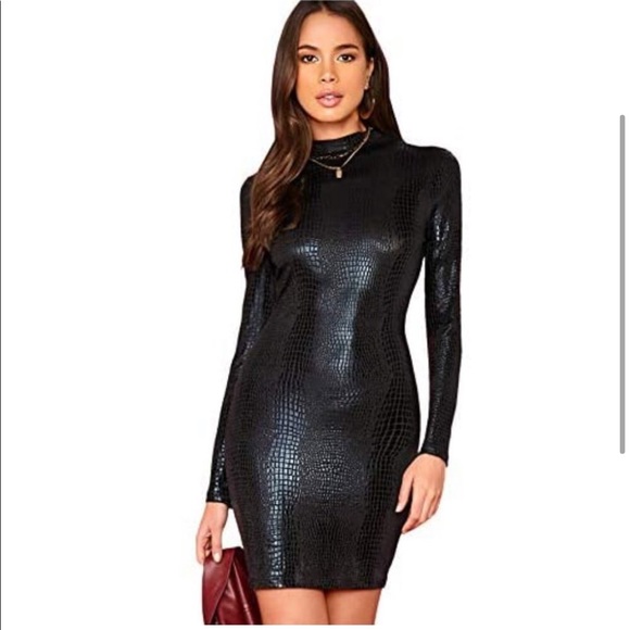 🎉LAST ONE Classy Sexy Black Faux Leather Snakeprint Dress - Picture 5 of 10